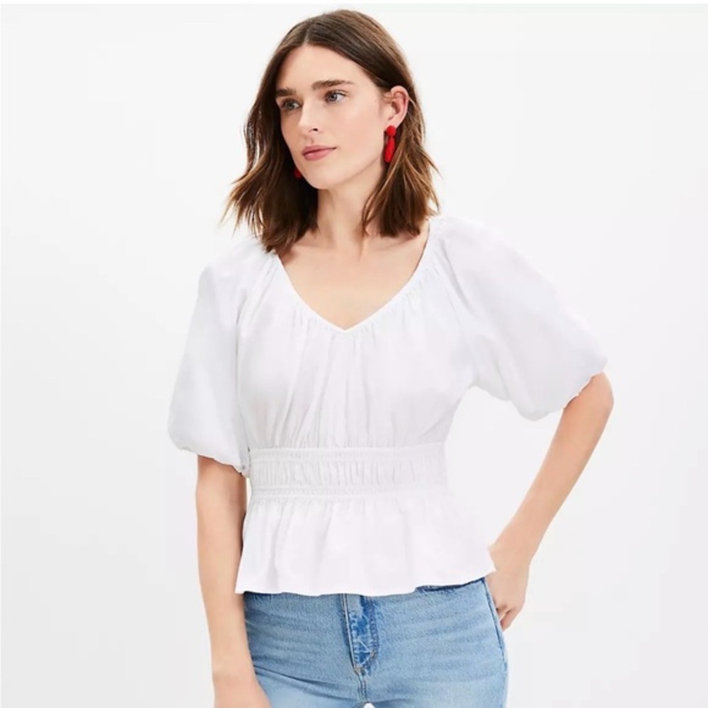 LOFT‎ White Puff Sleeve Smocked Peplum Top - Boho Coquette Cottagecore -Small - Picture 3 of 9